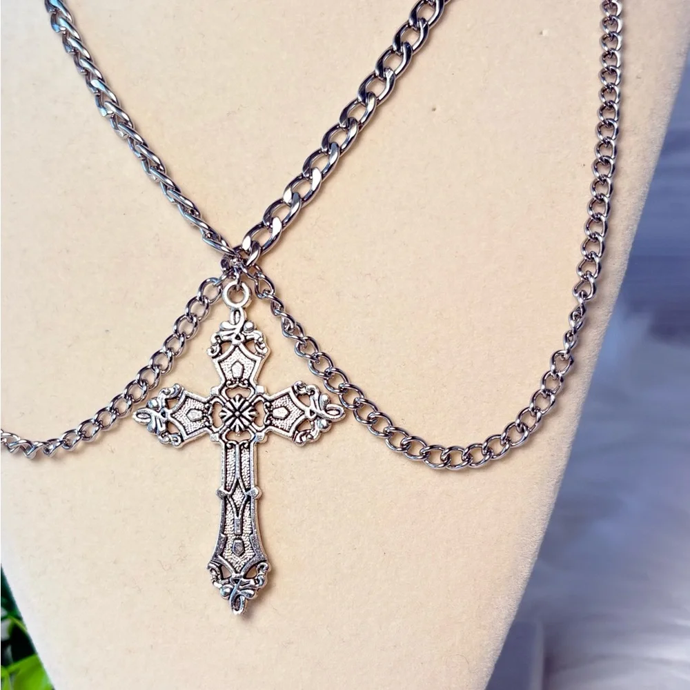 Elegant Silver Cross Double Chain Choker‎ Necklace